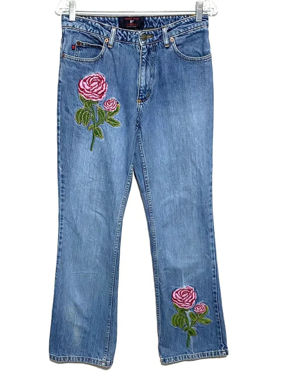 Vintage Fiorucci Safety Jeans Womens 7/8 Rose Floral Embroidered USA Boho Hippie